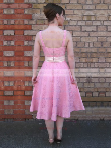 A-line V-neck Lace Tea-length Sashes / Ribbons Bridesmaid Dresses #02017822