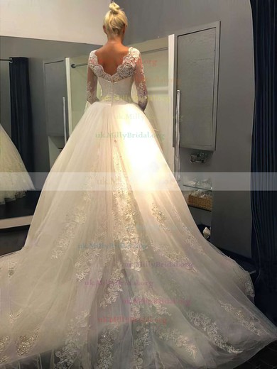 Ball Gown Scalloped Neck Lace Tulle Chapel Train Beading Wedding Dresses #00021194
