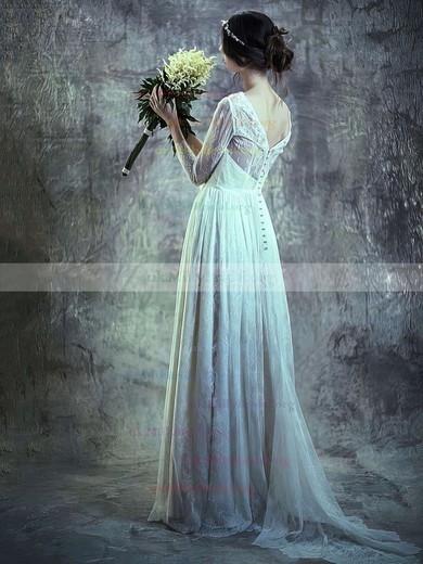 A-line Scoop Neck Lace Sweep Train Ruffles Wedding Dresses #00021394