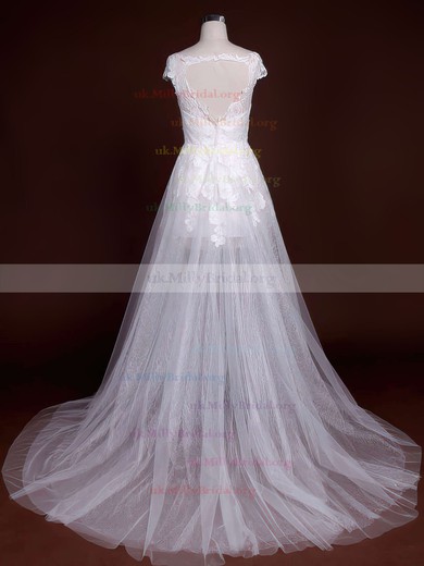 A-line Scoop Neck Lace Court Train Appliques Lace Wedding Dresses #00021244