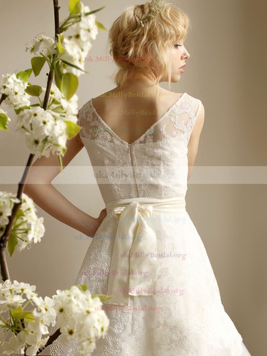 A-line Strapless Lace Tulle Tea-length Sashes / Ribbons Wedding Dresses #00021253