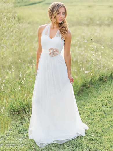 A-line Halter Tulle Sweep Train Sashes / Ribbons Wedding Dresses #00021270