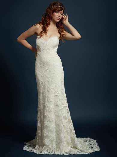 Trumpet/Mermaid Sweetheart Lace Sweep Train Flower(s) Wedding Dresses #00021328