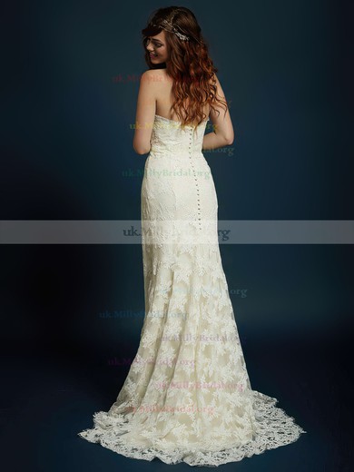 Trumpet/Mermaid Sweetheart Lace Sweep Train Flower(s) Wedding Dresses #00021328