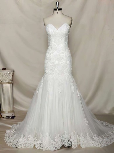 Trumpet/Mermaid Sweetheart Lace Tulle Chapel Train Appliques Lace Wedding Dresses #00021356