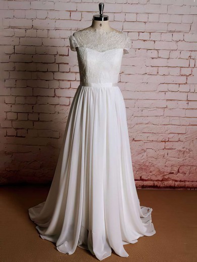A-line Scoop Neck Lace Chiffon Sweep Train Ruffles Wedding Dresses #00021357
