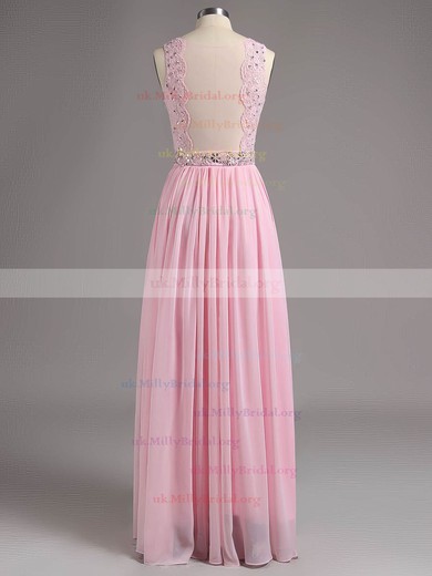 A-line Scoop Neck Chiffon Floor-length Beading Prom Dresses #UKM02019467