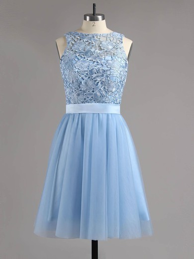 Scoop Neck Blue Lace Tulle Sashes/Ribbons Short/Mini Backless Prom Dresses #UKM020100826