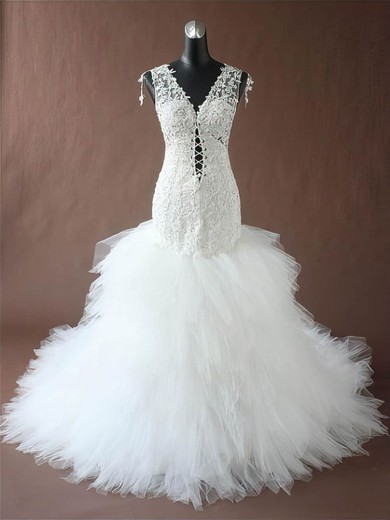 Gorgeous Cathedral Train Tulle Appliques Lace White Trumpet/Mermaid Wedding Dress #UKM00022401