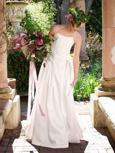 Strapless Pink Satin Ruffles Lace-up Floor-length Wedding Dresses #UKM00022421