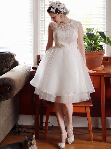 Knee-length Ivory Scoop Neck Organza Tulle with Appliques Lace Plus Size Wedding Dress #UKM00022495