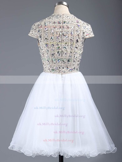 Short Sleeve Scoop Neck Beading Short/Mini White Tulle Prom Dresses #UKM020101147