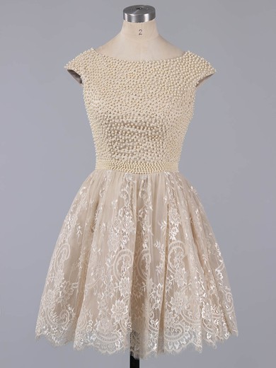 Short/Mini Scoop Neck White Lace Pearl Detailing Cap Straps Prom Dress #UKM020101436