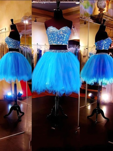 Two-pieces Sweetheart Tulle Short/Mini Beading Blue Prom Dresses #UKM020101803