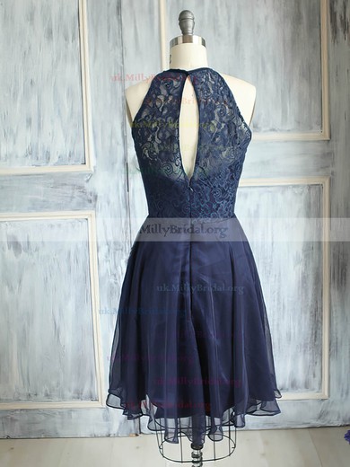 Scoop Neck Famous Dark Navy Chiffon Lace Knee-length Bridesmaid Dress #UKM01012474