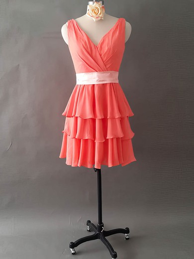 Different Watermelon V-neck Chiffon Tiered Short/Mini Bridesmaid Dresses #UKM01012495