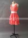 Different Watermelon V-neck Chiffon Tiered Short/Mini Bridesmaid Dresses #UKM01012495