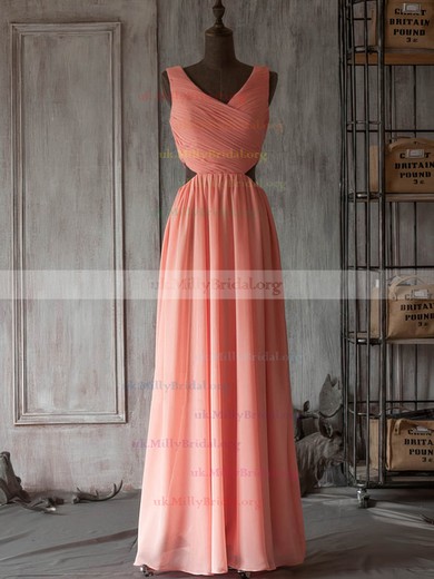 Affordable A-line Watermelon Chiffon Ruffles V-neck Bridesmaid Dresses #UKM01012506