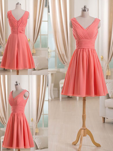 V-neck Pleats Short/Mini Watermelon Chiffon Sweet Bridesmaid Dress #UKM01012511