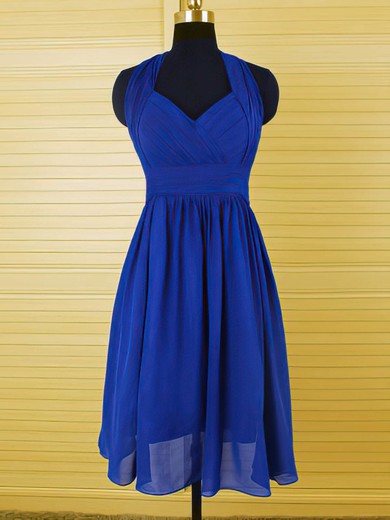 Halter Ruffles Chiffon Elegant Royal Blue Knee-length Bridesmaid Dress #UKM01012544