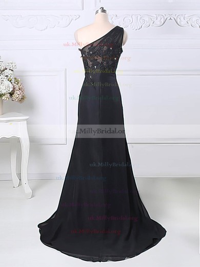 Split Front One Shoulder Black Chiffon Tulle with Appliques Sweep Train Mother of the Bride Dress #UKM01021580