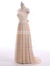 Champagne Sweep Train Lace Chiffon with Bow Back V-neck Short Sleeve Mother of the Bride Dresses #UKM01021599