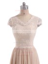 Champagne Sweep Train Lace Chiffon with Bow Back V-neck Short Sleeve Mother of the Bride Dresses #UKM01021599