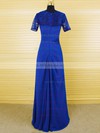 Scoop Neck Royal Blue Chiffon Lace Crystal Ruffles Floor-length Short Sleeve Mother of the Bride Dresses #UKM01021610
