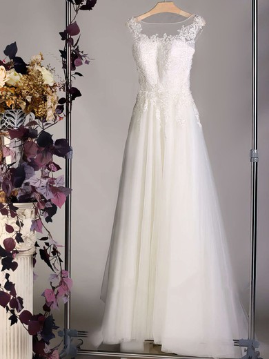 Scoop Neck Ivory Tulle Appliques Lace Court Train Zipper Wedding Dress #UKM00020564