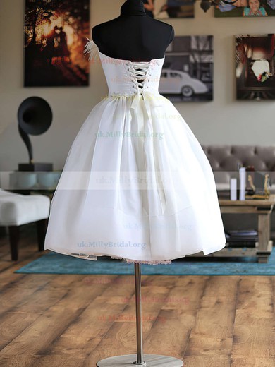 For Less Knee-length White Organza Flower(s) Lace-up Strapless Wedding Dresses #UKM00020624