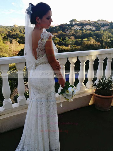 Ivory Open Back Perfect Sashes/Ribbons Floor-length Lace Wedding Dresses #UKM00021461