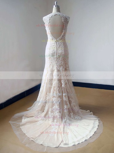 Coolest Court Train V-neck Champagne Tulle Lace Open Back Wedding Dress #UKM00021469
