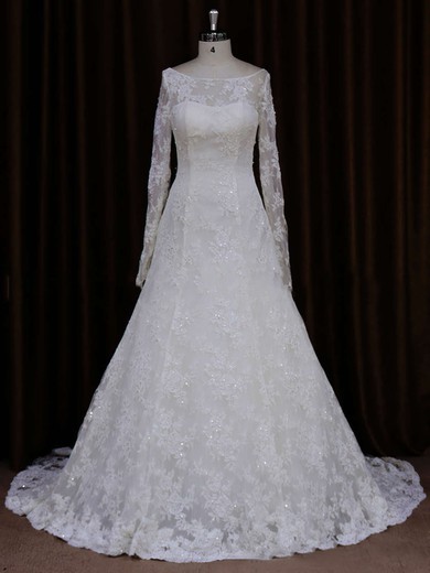 Unique Long Sleeve Ivory Lace Beading Scoop Neck Wedding Dresses #UKM00021634