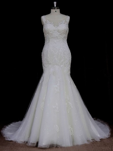 Trumpet/Mermaid Discount Ivory Tulle Appliques Lace Scoop Neck Wedding Dresses #UKM00021638