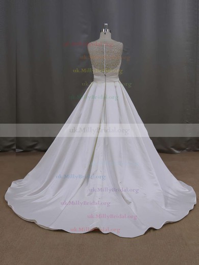 Elegant Court Train Ivory Satin Pearl Detailing Scoop Neck Wedding Dresses #UKM00021645