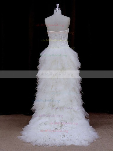 Asymmetrical Ivory Tulle Appliques Lace High Low Strapless Wedding Dress #UKM00021802