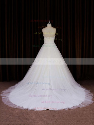 Ivory Tulle Chapel Train Beading Strapless Beautiful Wedding Dress #UKM00021833