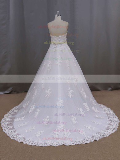 Ivory Court Train Tulle Appliques Lace Wholesale Sweetheart Wedding Dresses #UKM00021886
