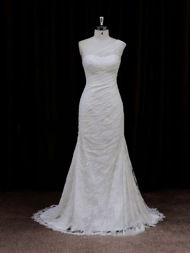 Modest Ivory One Shoulder Lace Sequins Trumpet/Mermaid Wedding Dresses #UKM00021940