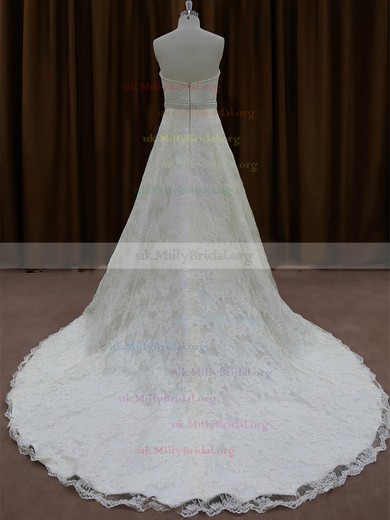 Ivory Lace Chapel Train Beading Sweetheart Classic Wedding Dress #UKM00022002