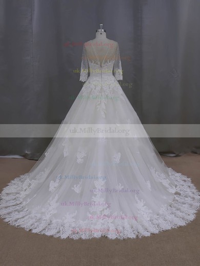 Ball Gown Scoop Neck Appliques Lace Ivory Tulle 3/4 Sleeve Wedding Dresses #UKM00022043