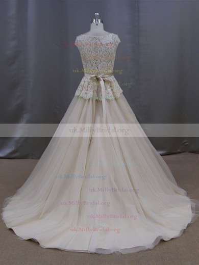 Scoop Neck Court Train Lace Tulle Sashes/Ribbons Graceful Champagne Wedding Dresses #UKM00022053