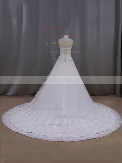 Chapel Train Ivory Lace Tulle Beading Affordable Strapless Wedding Dresses #UKM00022063