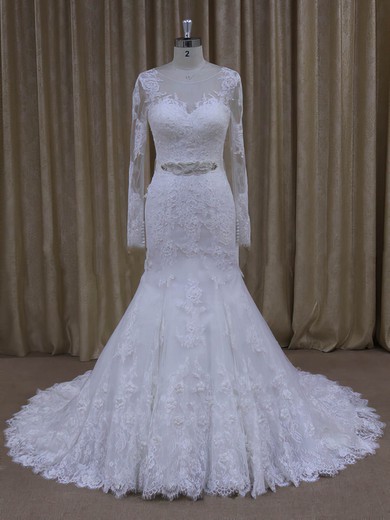 White Tulle Trumpet/Mermaid with Appliques Lace Long Sleeve Wedding Dresses #UKM00022071