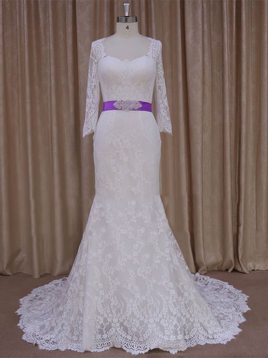 Lace with Sashes/Ribbons Ivory Trumpet/Mermaid Long Sleeve Wedding Dresses #UKM00022076