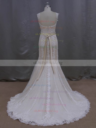 Noble V-neck Ivory Lace Tulle Sashes/Ribbons Trumpet/Mermaid Wedding Dresses #UKM00022085