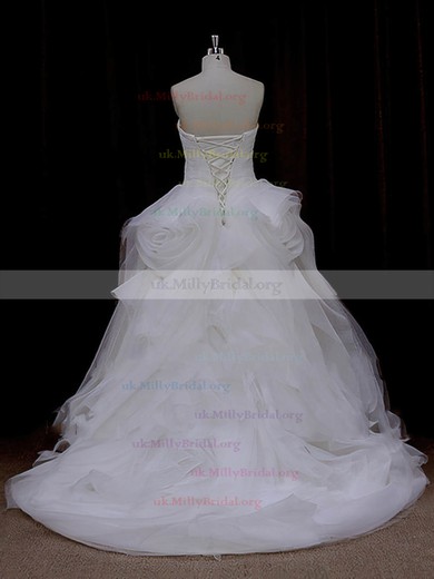Court Train Ruffles Tulle Ivory Lace-up Princess Designer Wedding Dresses #UKM00022095