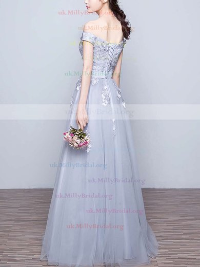A-line Off-the-shoulder Tulle Floor-length Appliques Lace Prom Dresses #UKM020102047