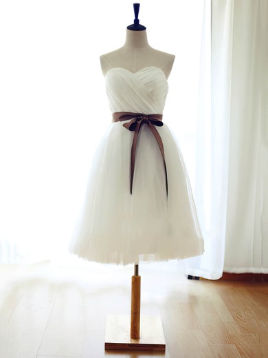 Cute White Tulle Sashes / Ribbons Sweetheart Knee-length Bridesmaid Dress #UKM01012739