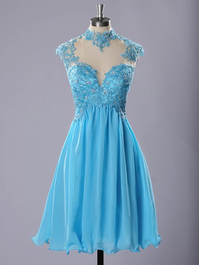 Girls Blue Chiffon Tulle Appliques Lace Short/Mini High Neck Prom Dresses #UKM020102183